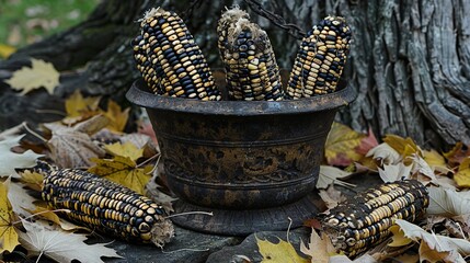   Corn-filled bowl sits on a leafy ground near a tree and dead leaves