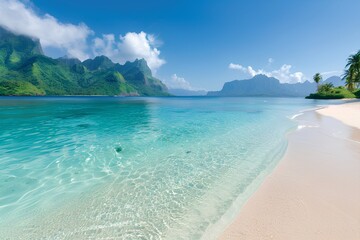 Fototapeta premium A stunning beach in French Polynesia with crystal clear waters and white sand, overlooking the green mountains of Borabori island