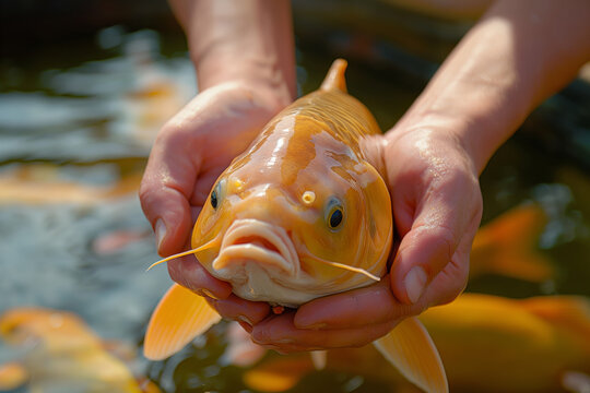  Hands are carefully holding a vibrant orange koi fish above the water surface of a tranquil pond. Ideal for promoting serene garden environments, koi fish care, and the beauty of aquatic life