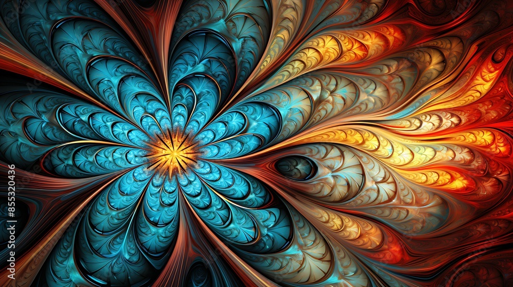 Poster amazing fractal flower with intricate patterns and vibrant colors. perfect for use as a background o