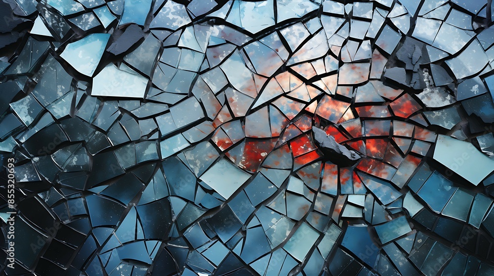 Poster shattered glass with a beautiful colorful background. the glass is broken into many pieces, creating