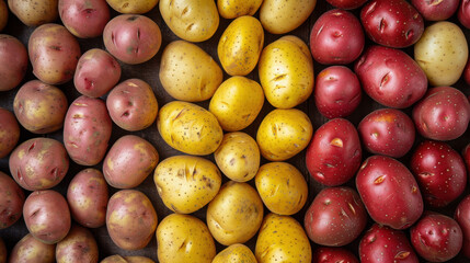Variety of Fresh Potatoes: Red, Yellow, and Brown. National Potato Day and National Potato Month, food blogs, agricultural promotions, and healthy eating campaigns.
