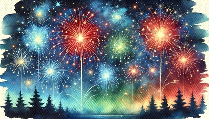 Fireworks at Night, Forest Landscape View of Fireworks, Watercolor Fireworks Illustration, Colorful Fireworks Background. Generative AI
