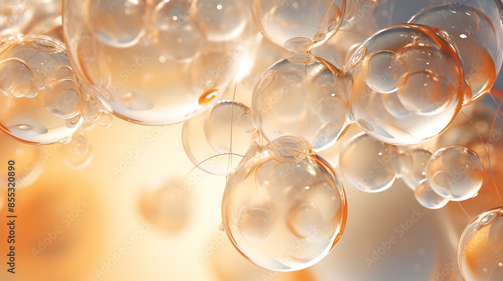 Poster 3d rendering of a cluster of transparent soap bubbles with a warm, peachy color.