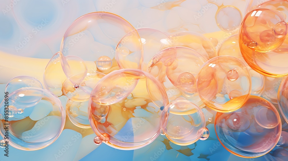 Poster 3d rendering of a cluster of iridescent soap bubbles against a pale blue background.