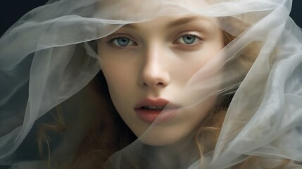 Portrait of a beautiful young woman with long blonde hair and blue eyes. She is wearing a white veil that covers her head and shoulders.