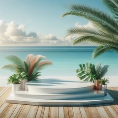 Fototapeta premium Podium background product green nature. Cosmetic background product podium display platform presentation mockup pedestal spring beach tree palm