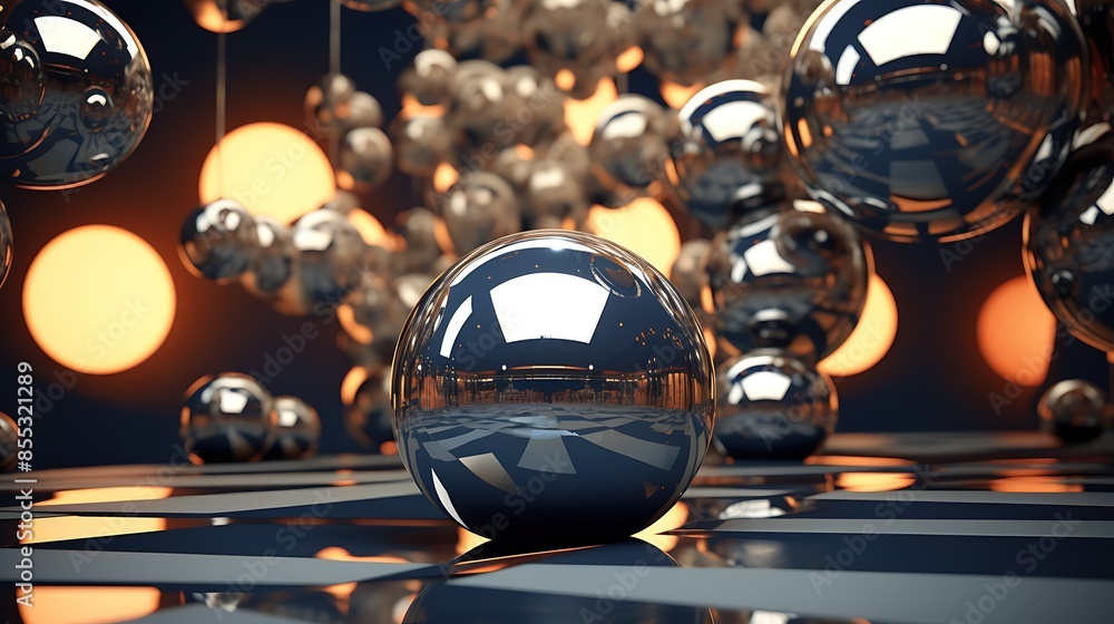 Poster 3d rendering of a group of reflective spheres.
