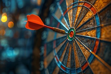 "Bulls-eye Dart Board with Red Dart Hitting Center: Business Targeting and Goal Achievement"