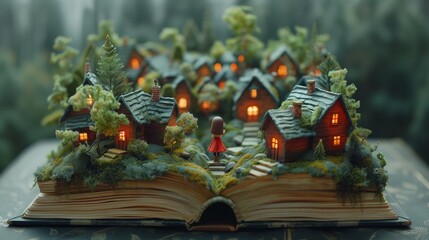 Fototapeta premium A small village built on an open book with miniature houses and trees. A small girl in a red dress stands on a path leading into the village.