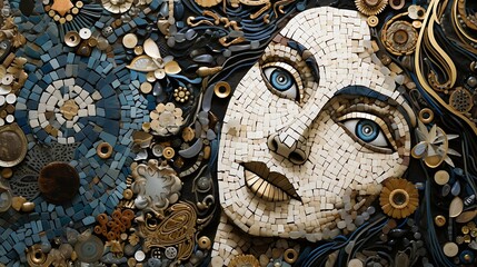 A mosaic of a woman's face made of small pieces of colored glass and stone. The woman has blue eyes and dark hair. She is smiling.