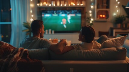 Cozy Living Room Soccer Match Night: Couple Relaxing With Snacks and Ambient Lighting