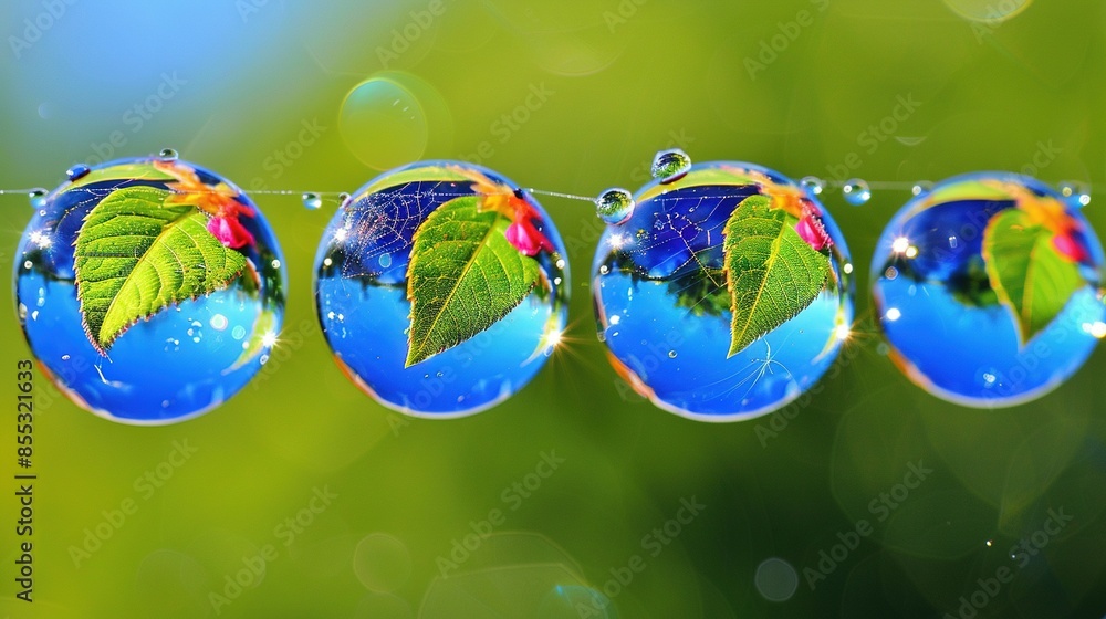 Poster a cluster of water droplets dangling from a string with a foliage in the center, surrounded by more 