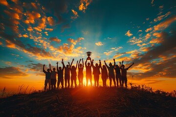 Triumphant Team Holding Trophy at Sunset