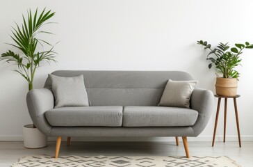 Fototapeta premium Modern grey sofa against a white wall in a minimalist living room with indoor plants