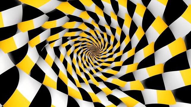 Black and yellow spiral. Checkered hypnotic spiral. Checkerboard optical illusion. Abstract striped tunnel. Geometric rotating vortex. - Powered by Adobe