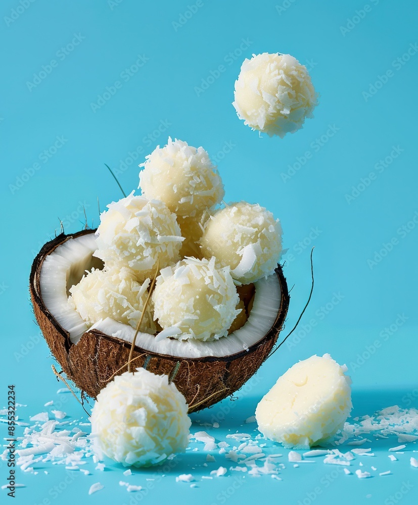 Poster a group of coconuts in a shell on a blue background, surrounded by some more coconuts