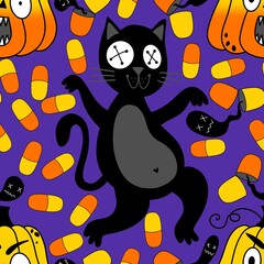 Halloween animals seamless cats and pumpkins pattern for wrapping paper