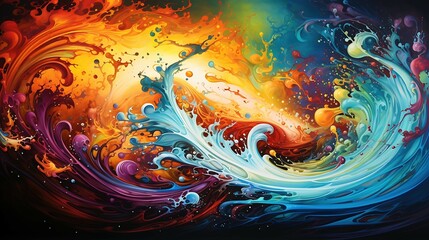 Colorful abstract painting with vibrant colors. The painting has a dynamic composition with a sense...