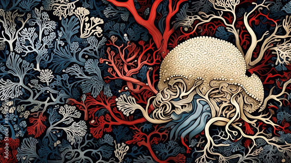 Poster an illustration of a jellyfish with a brain-like structure. the jellyfish is surrounded by a colorfu