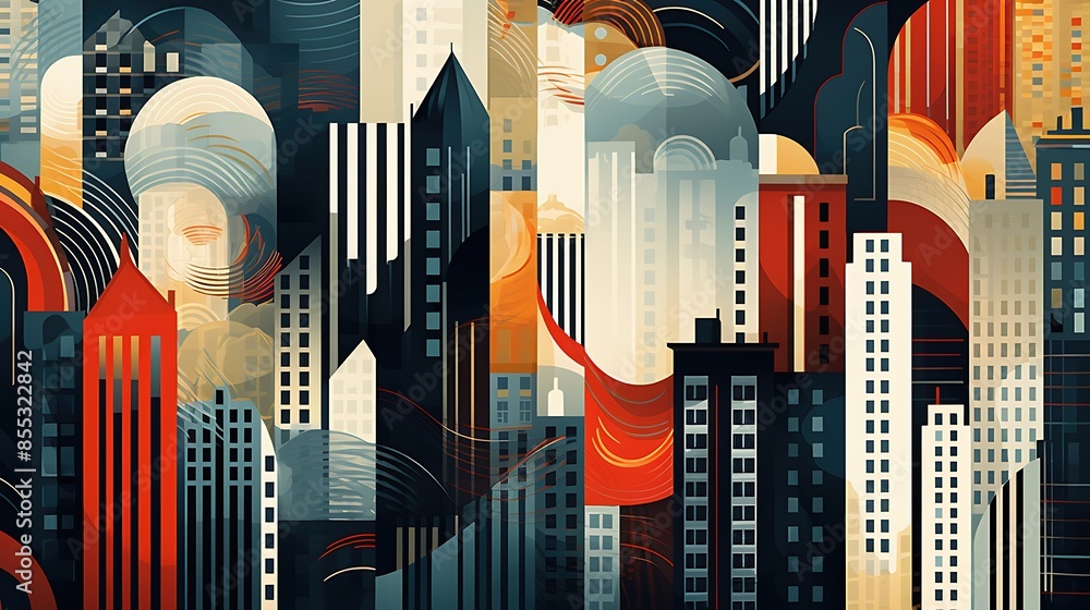 Poster a beautiful cityscape with a blend of retro and modern styles. the geometric shapes and vibrant colo