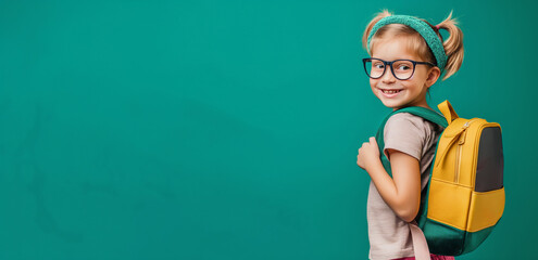 Happy little girl in glasses with backpack and books on green background, copy space concept for school or education idea, child portrait banner mockup