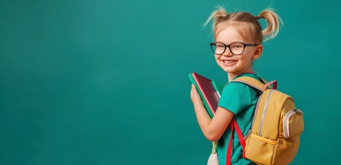 Happy little girl in glasses with backpack and books on green background, copy space concept for school or education idea, child portrait banner mockup