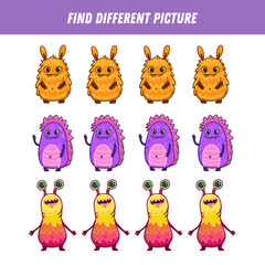 Find different monster each row. Logical game for kids. Cartoon character. Doodle. Vector illustration
