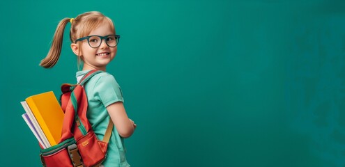 Happy little girl in glasses with backpack and books on green background, copy space concept for school or education idea, child portrait banner mockup