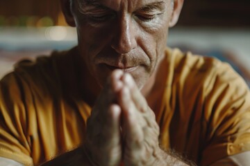 Senior man praying with hope and faith