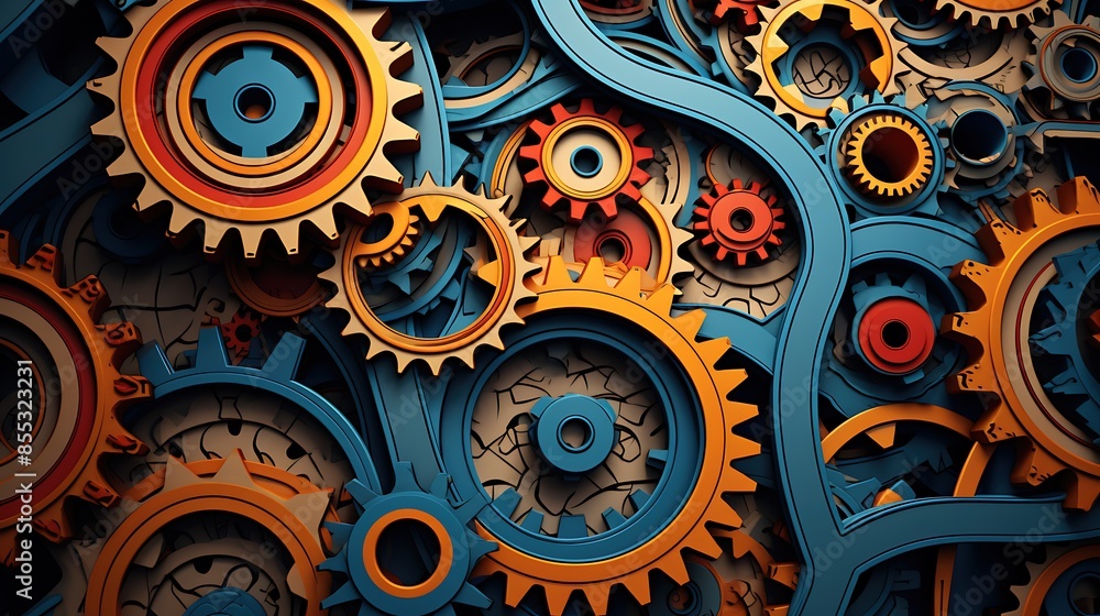Poster 3d rendering of a steampunk clockwork machinery with gears and cogs.