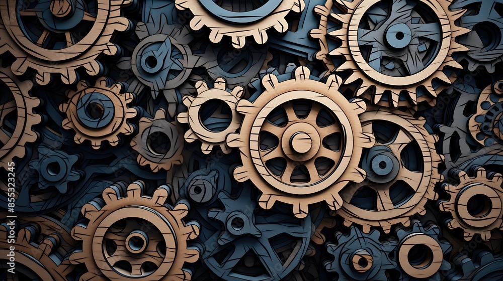 Poster an illustration of a complex system of interlocking gears. the gears are made of wood and metal, and