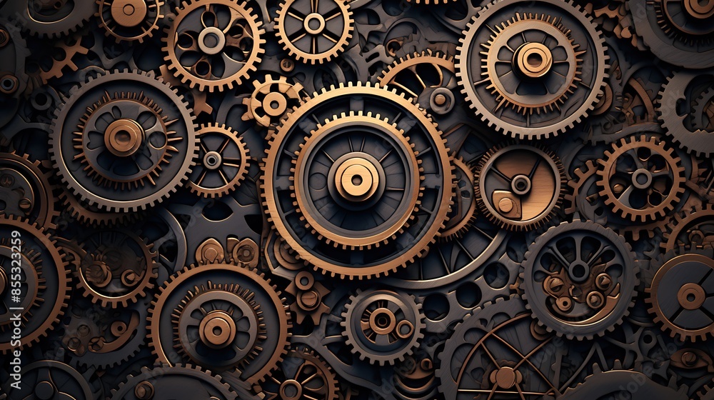 Poster 3d rendering of steampunk gears. abstract clockwork background with interlocking metal cogs and whee