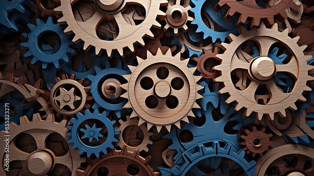 Poster 3d rendering of wooden and metal gears. the gears are arranged in a complex pattern and are turning 