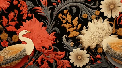 A beautiful floral pattern with a pair of peacocks. The peacocks are depicted in a realistic style, with their feathers rendered in great detail.