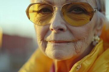 Senior woman with yellow sunglasses is smiling outdoors