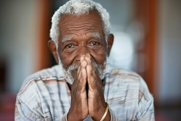 Senior black man praying with hope and faith