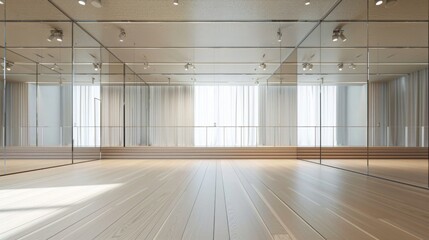 A modern dance studio with mirrored walls and a large window letting in natural light. The studio has a wooden floor and a railing along the window.