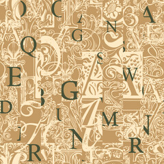 Vector abstract seamless background pattern with hand-drawn initial and capital letters. Repeating background with alphabet letters in retro style. Suitable for wallpaper, wrapping paper or fabric