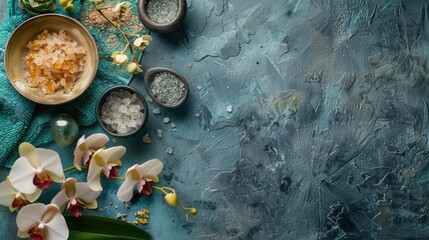 Spa arrangement with orchid body scrub and decorative items on flat surface