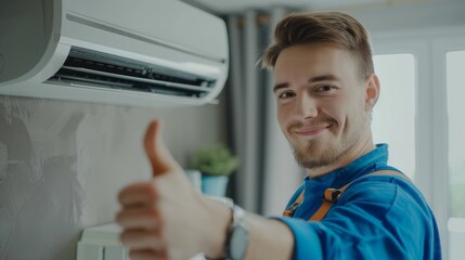 Happy Technician Giving Thumbs Up by Air Conditioner. Smiling technician in blue uniform giving thumbs up while standing beside air conditioner unit in a modern interior.