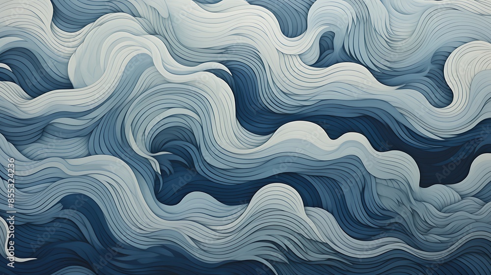 Poster abstract blue and white waves. 3d rendering of a fluid surface.