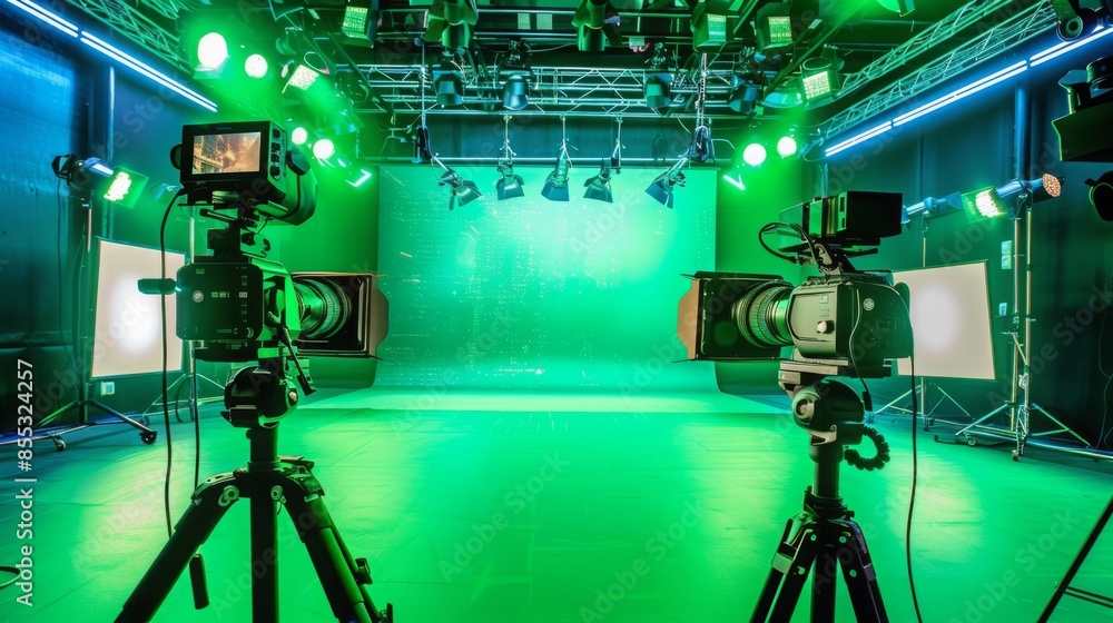 Poster two professional cameras on tripods are set up in a studio facing a green screen. the studio is lit 