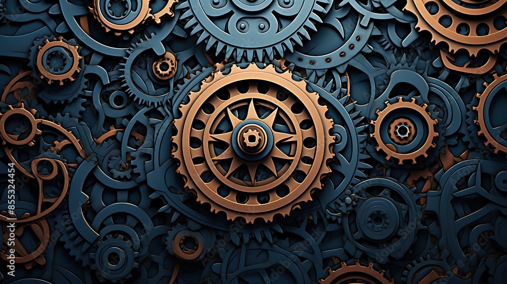 Poster 3d rendering of steampunk gears. abstract background with many metal cogs and wheels.