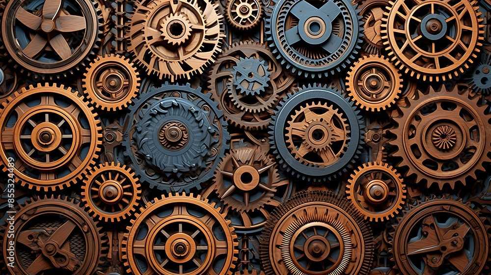 Poster an intricate pattern of interlocking gears in shades of brown and gray.