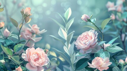 A close-up view of delicate pink roses blooming in a lush garden on a sunny day