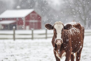 Winter Scene of a Brown Cow and Red Barn in a Snowy Field for Seasonal Farm Decor