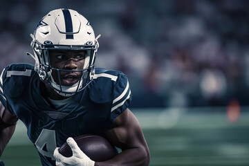 American football player rushes across the field during a high stakes game, championship poster