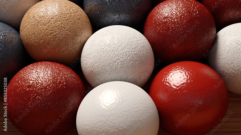 Poster 3d rendering of a pile of colorful balls with a leather texture. the balls are arranged in a random 