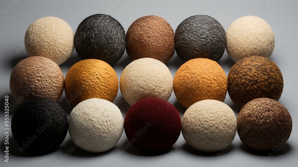 Poster fifteen fluffy balls of various colors and textures are arranged in a grid on a solid gray backgroun